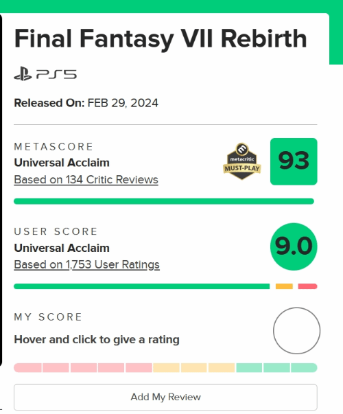 《最终幻想7：重生》的 Metacritic评价回升至93分！无一差评